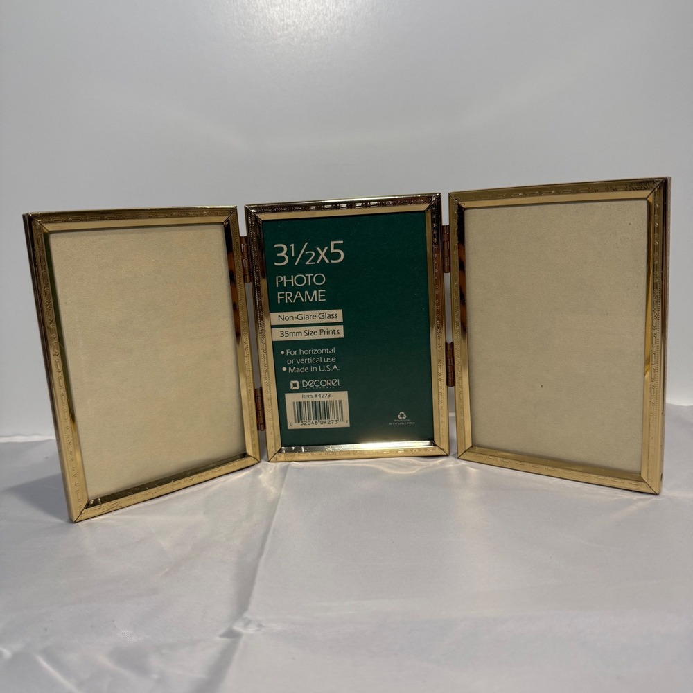 Decorel Gold Tone Tri-Fold Picture Frame 3.5x5 Triptych Pattern Non-Glare